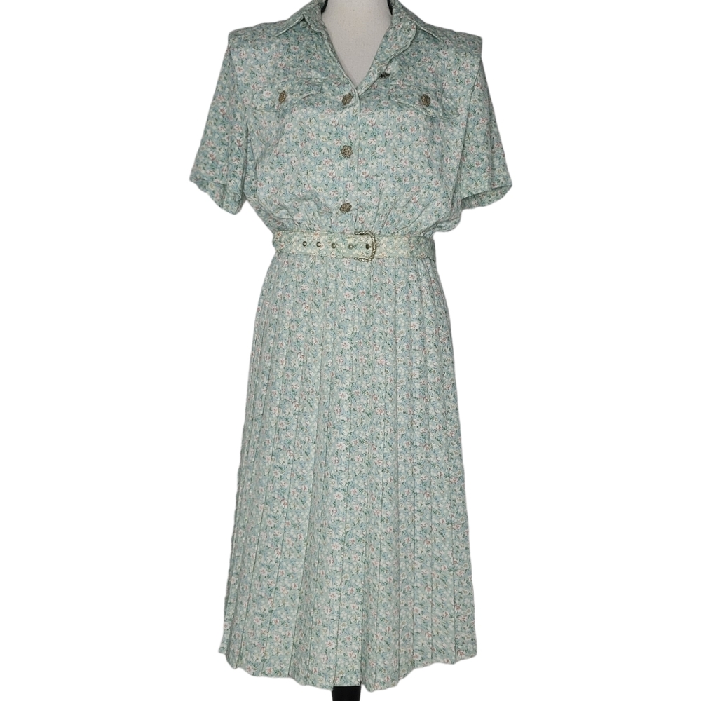 LESLIE FAY petite floral belted pleated button down dress